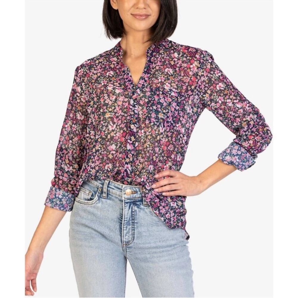 KUT from the Kloth Floral Semi Sheer Button Up Blouse Size XS NWT